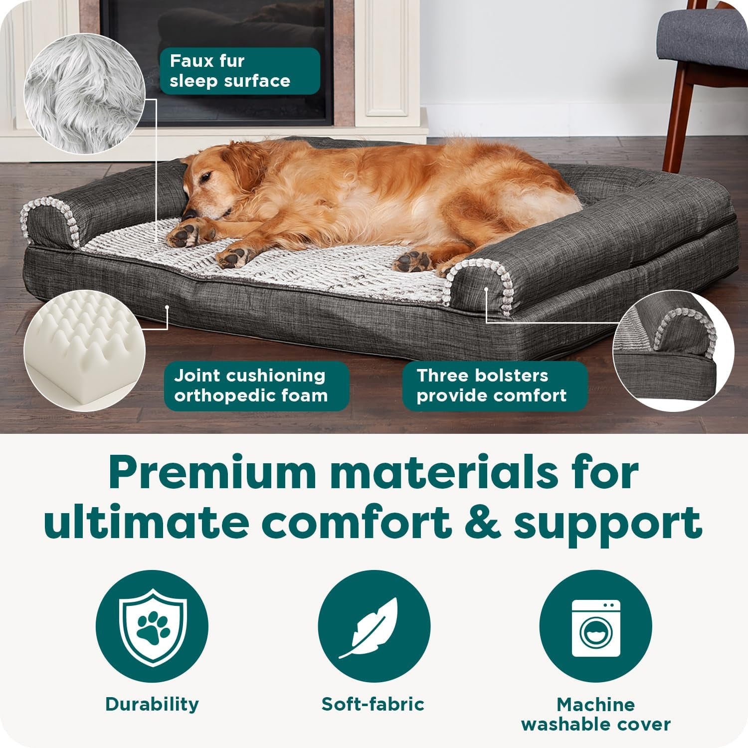 Orthopedic Dog Bed for Large Dogs W/ Removable Bolsters & Washable Cover, for Dogs up to 95 Lbs - Luxe Faux Fur & Performance Linen Sofa - Charcoal, Jumbo/Xl