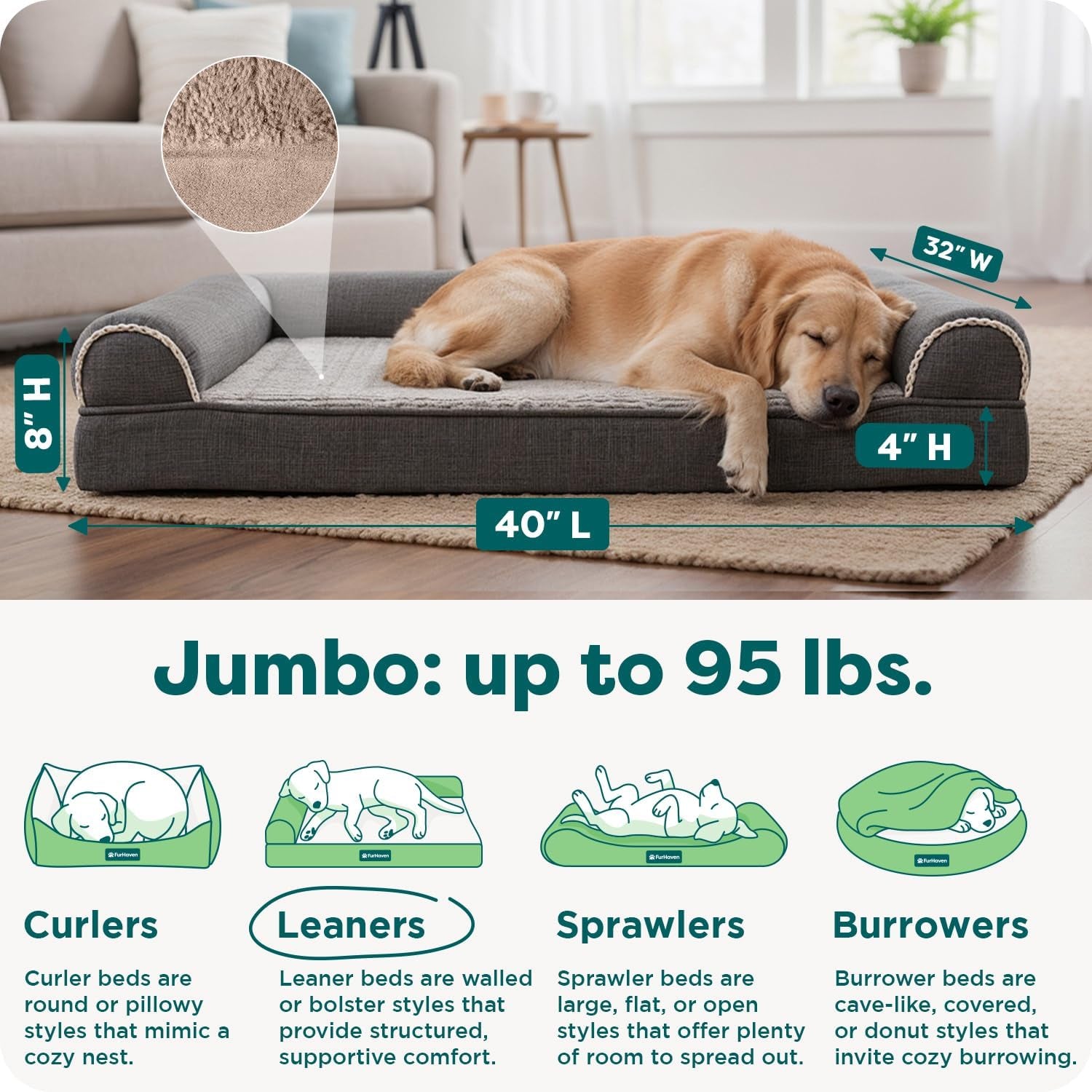 Orthopedic Dog Bed for Large Dogs W/ Removable Bolsters & Washable Cover, for Dogs up to 95 Lbs - Luxe Faux Fur & Performance Linen Sofa - Charcoal, Jumbo/Xl