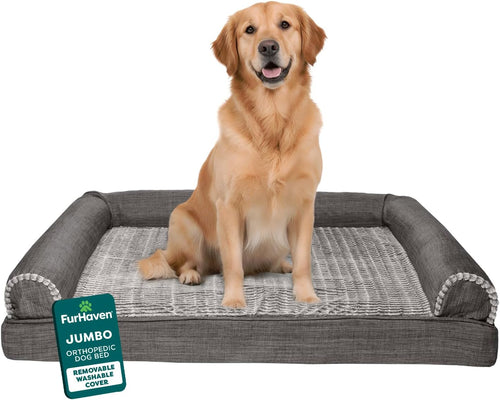 Orthopedic Dog Bed for Large Dogs W/ Removable Bolsters & Washable Cover, for Dogs up to 95 Lbs - Luxe Faux Fur & Performance Linen Sofa - Charcoal, Jumbo/Xl