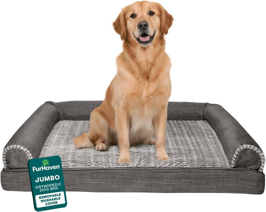 Orthopedic Dog Bed for Large Dogs W/ Removable Bolsters & Washable Cover, for Dogs up to 95 Lbs - Luxe Faux Fur & Performance Linen Sofa - Charcoal, Jumbo/Xl